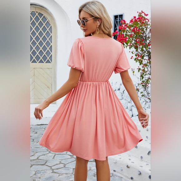 V-Neck Balloon Short Sleeve Dress. Hit The Like ♡ Button For SALE Price - Picture 4 of 4